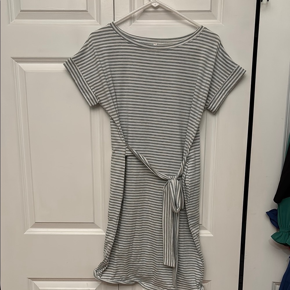 Striped Gray and White Tie-Waist Dress